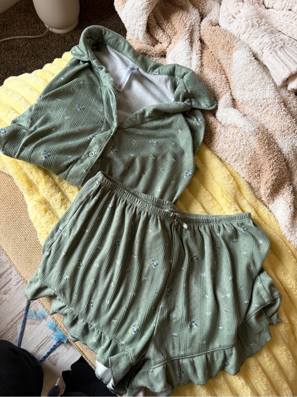 Pajama Set Green Floral Ruffle Hem Women's Skirt - Lightweight Summer Style